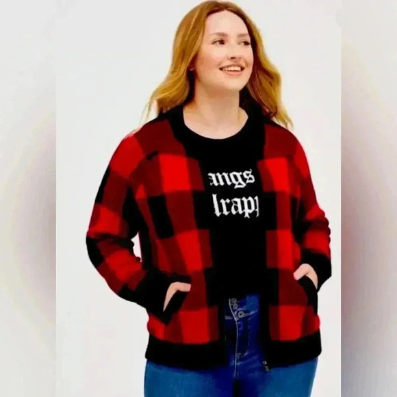 Torrid Buffalo Plaid Sweater Jacket Cardigan 3X Fall Autumn Pumpkin Patch Zip Up - Picture 1 of 11